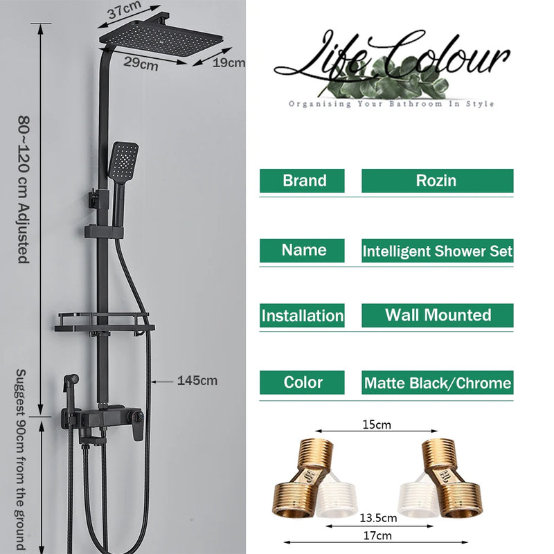 Black Digital Thermostatic Shower Faucet Rainfall Mixer Tap With Shelf