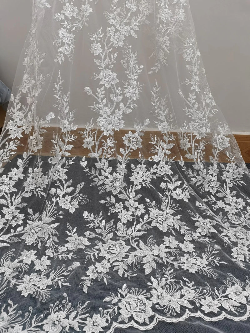 Off White Embroidery Mesh Lace Fabric For Evening Dress Sewing