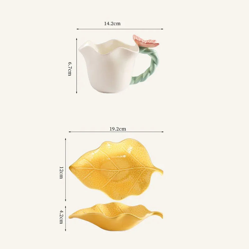Ceramic Coffee Mug With Butterfly Floral Plate And Spoon Set