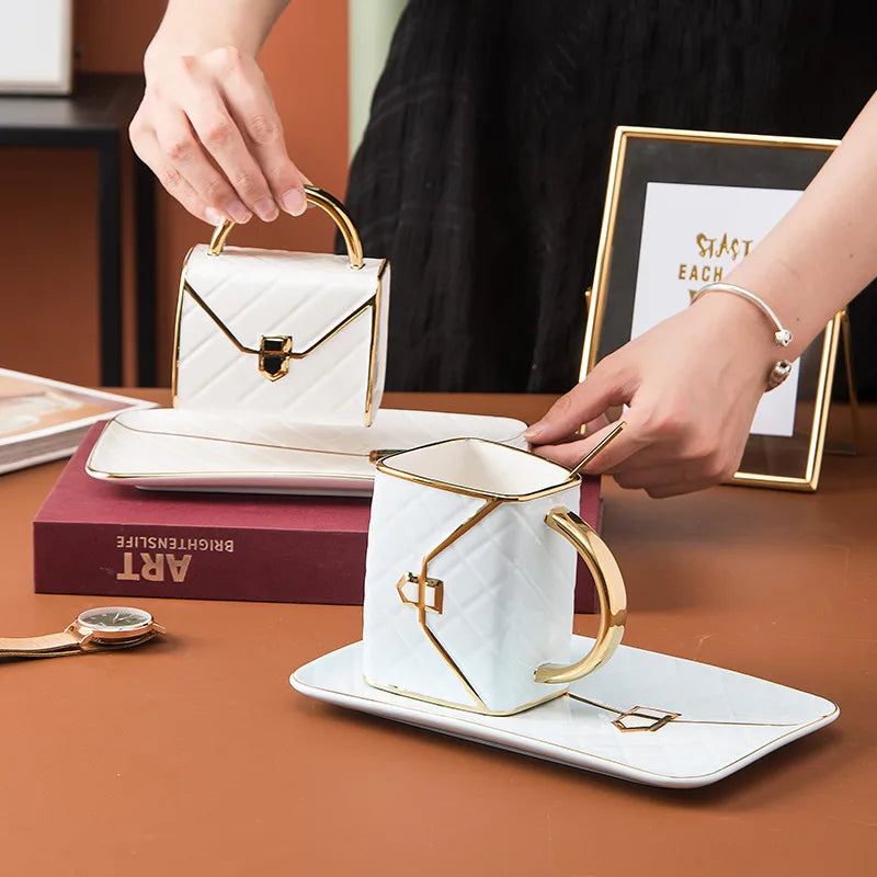 Ceramic Coffee Cup And Saucer Set With Creative Bag Shape Tray
