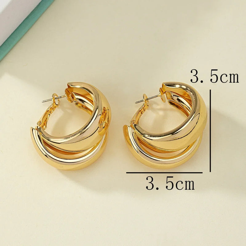 Chunky Hoop Earrings Gold Color Double Ring Thick Geometric Drop Earrings