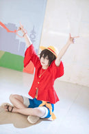 Luffy Cosplay Costume Monkey D Red Top Pants Hat For Adults Kids