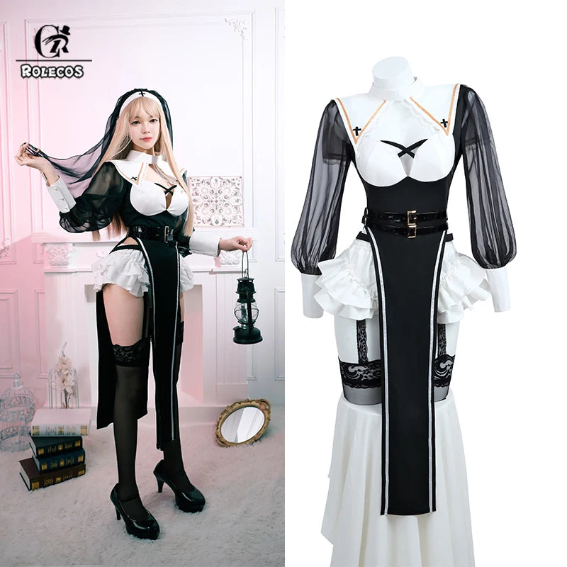 Nun Cosplay Costume Women Black Uniform Dress Halloween Masquerade