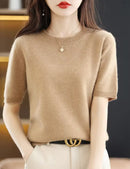 Women Short-Sleeved Knitwear Top O-Neck Lyocell Summer Tee