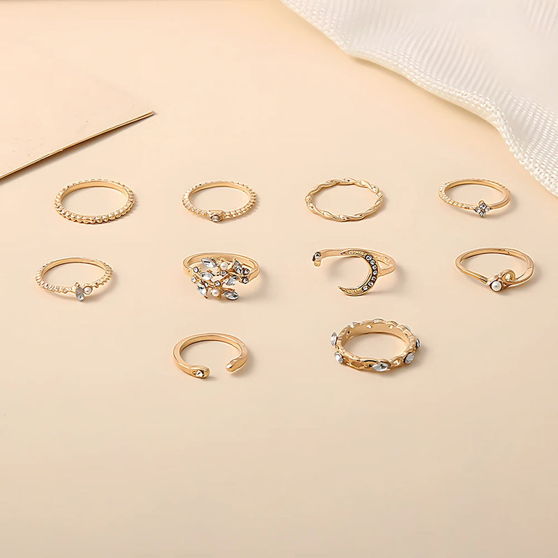 Women’s Gold Chain Ring Set 10Pcs Bohemian Coin Snake Star Jewelry