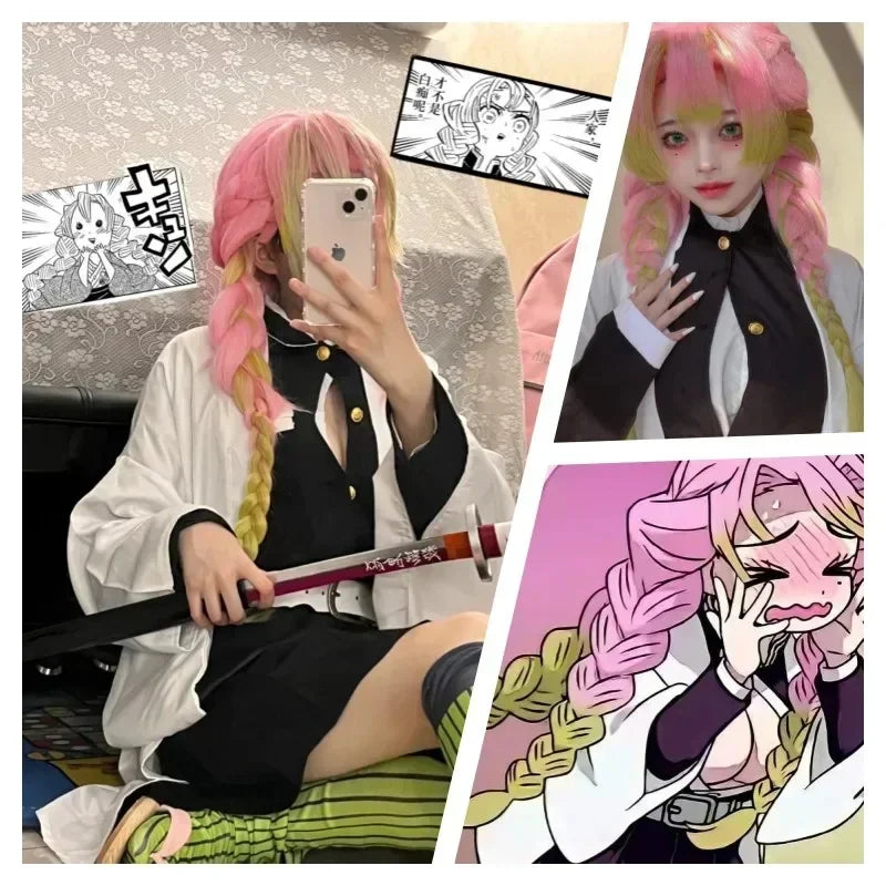 Kanroji Mitsuri Cosplay Costume Kimono Dress Wig For Adults Children