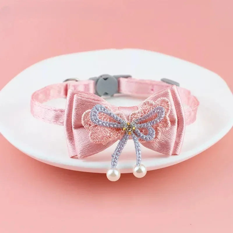 Pet Collar Pink Lace Bow Bell Adjustable Cat Dog Accessories