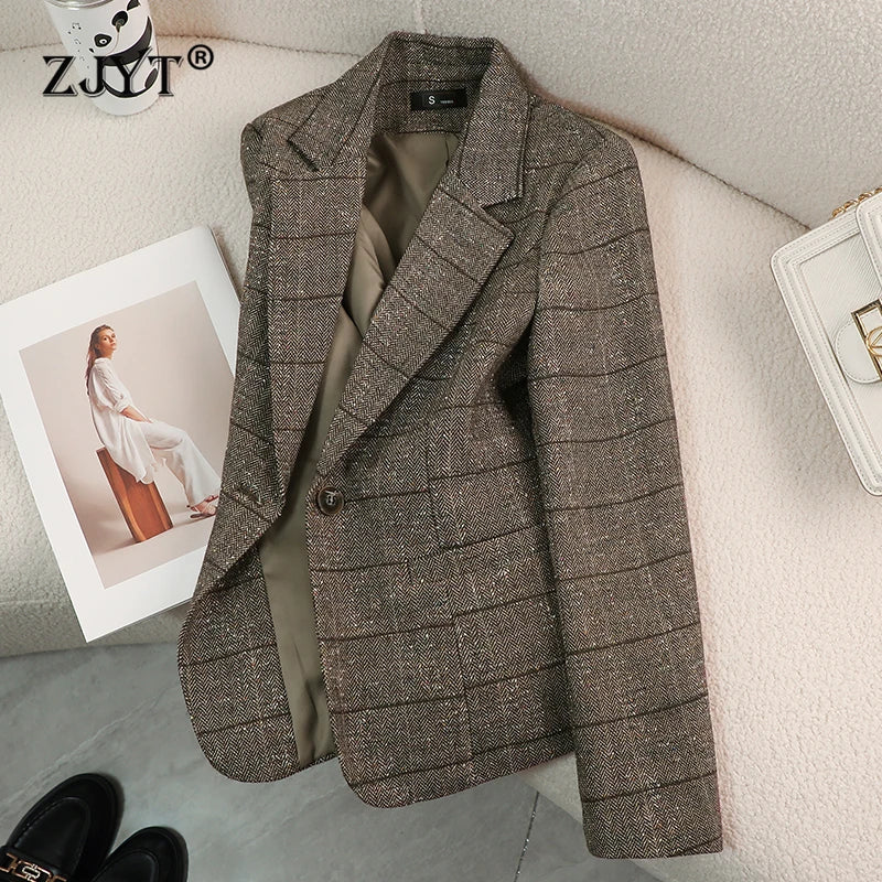 Women Woolen Jackets Plaid Vintage Thick Long Sleeve Winter Coats