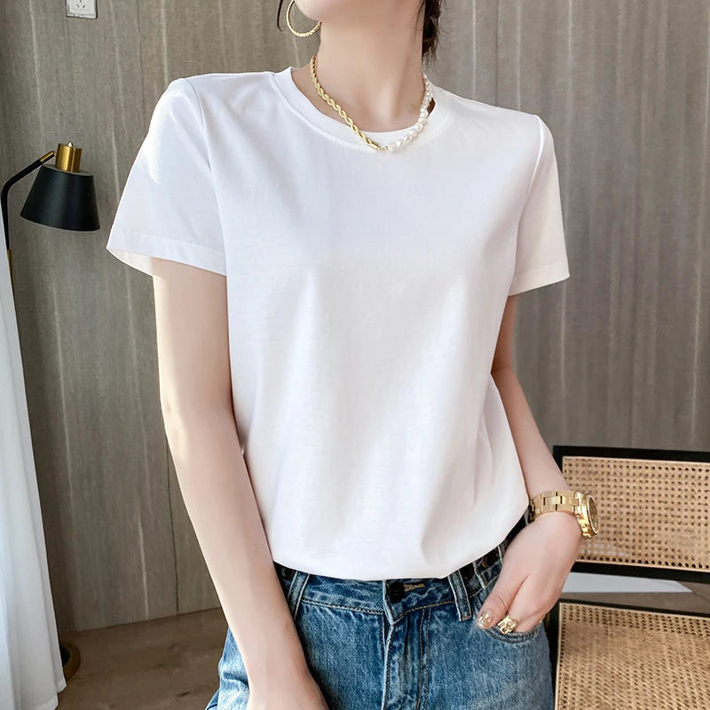 Women Silk T-shirts Mercerized Cotton O Neck Short Sleeve Casual Tops