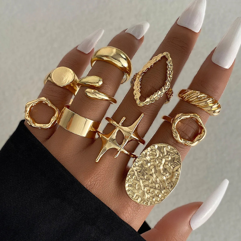 15Pcs Metal Rings Set Irregular Lines Water Droplet Design